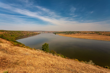 Beautiful autumn landscape with a river in the early morning, The Dniester river in Moldova near the village of Molovata