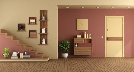 Colorful home entrance with front door and staircase