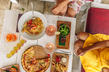assortment on the table pizza burgers