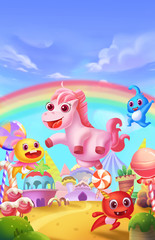 Magical Rainbow Land. Children Imaginary Natural Backdrop. Concept Art. Realistic Illustration. Video Game Digital CG Artwork. Fairytale Scenery.