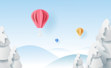 Obraz premium 3D Scenery balloons fly air on holidays blue sky background with winter snowflakes season forest.Creative minimal paper cut and craft style.Christmas and happy new year.vector illustration EPS10