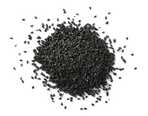 Black organic sesame seeds isolated on white background, top view