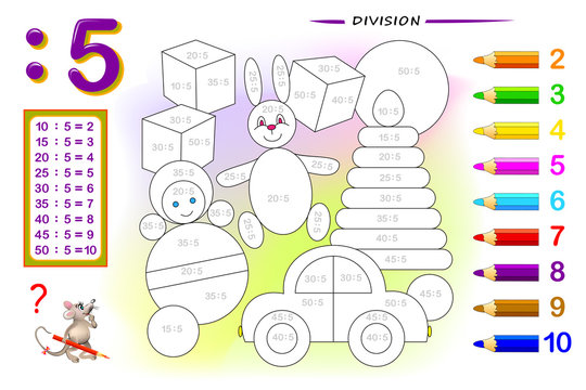 Division by number 5. Math exercises for kids. Paint the picture. Educational page for mathematics book. Printable worksheet for children textbook. Back to school. IQ training test. Vector image.