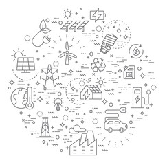 Simple Set of energy and ecology Related Vector Line Illustration. Contains such Icons as battery, solar power, oil and more. Modern style line drawing and background color white.