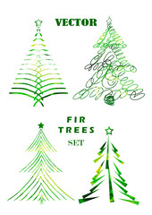 Сhristmas trees on white. Set for design on isolated background. Geometric art. Bright green colored collection. Simple christmas tree symbol