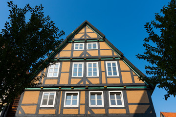 Orange half timbered house in Hameln, Germany