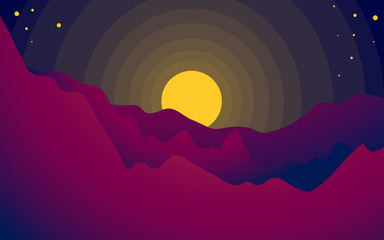 flat illustration of a sunrise between the beautiful mountains. vector illustration with gradient color. for background  website  card  and wallpaper.