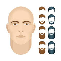 Man face vector illustrations set. Male character face constructor. Man face with different beard styles isolated on white background.