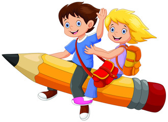 Vector illustration of happy school kids riding a flying pencil isolated on white background