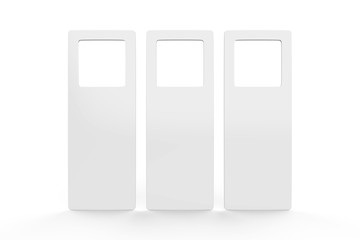 Blank Door hanger flyer, white tags for room in hotel, resort, home. Mock up template on isolated white background,3d illustration.
