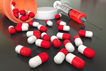 3d illustration: bright colored medical pills are scattered on a gray-black table from an orange transparent medicine bottle. Syringe with red solution. Pharmaceutical business and healthcare.