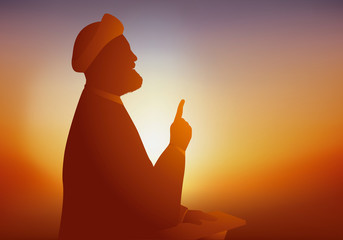 Symbole de la religion musulmane chiite avec un Ayatollah qui prie et prêche devant ses fidèles en tendant un doigt vers le haut.