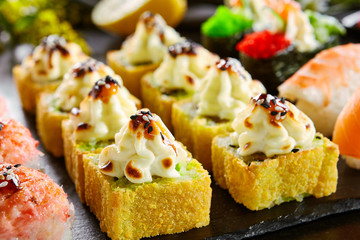 Delicious asian food, roll, sushi and gunkan set