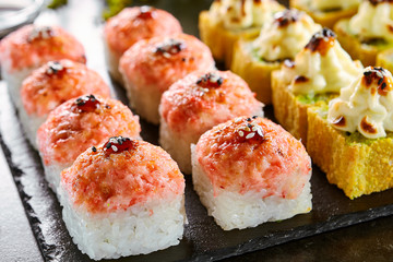 Delicious asian food, roll, sushi and gunkan set