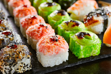 Delicious asian food, roll, sushi and gunkan set