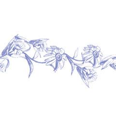 Vector seamless pattern of flowers drawn with ink and pen.