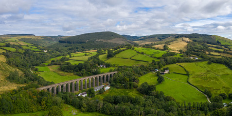 Aerial view of  Cynghordy in Carmarthenshire, Dyfed, Wales, UK - with the Cynghordy Railway Viaduct