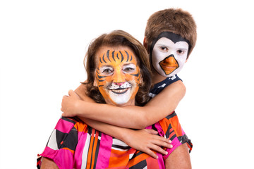 Kid and granny with face-paint