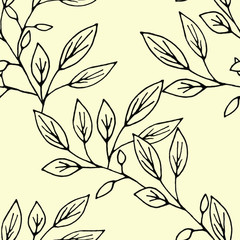 Seamless pattern hand drawn ink botanical illustration  of wild branches isolated on yellow background. Design for textile, wrapping or wallpaper