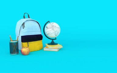 Multicolor backpack in blue background with books apple pencil and globe Back to school 3d render