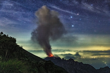 Volcano Santiaguito at night, view from Santa María, Guatemala, May 2018 - obrazy, fototapety, plakaty