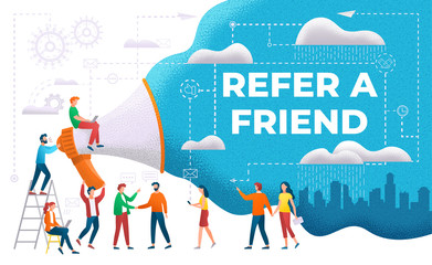 Announcement through megaphone vector, refer friend. People working together, cityscape with skyscrapers and town view. Marketing and promotion flat style. Invite friends. Share unique referral link