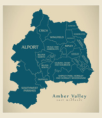 Wards map of Amber Valley district in East Midlands England UK with labels