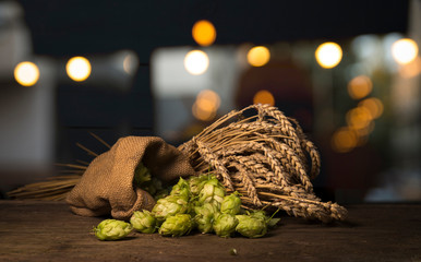 Beer brewing ingredients Hop in bag and wheat ears on wooden cracked old table. Beer brewery concept. Hop cones and wheat closeup. Sack of hops and sheaf of wheat on vintage background.