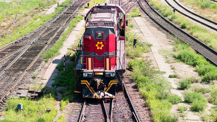 Locomotive on the rails of a metallurgical factory.