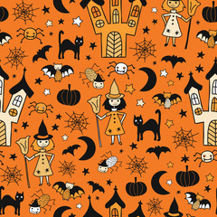 Kids Halloween background. Seamless vector pattern with hand drawn witch, spooky castle, cats, spiders, bat. Cute Halloween illustration. Fabric, gift wrap, invitations, scrap booking, digital paper