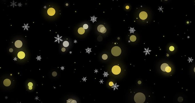 White snowflakes, golden confetti and bokeh lights on the black Christmas background. 3D render image