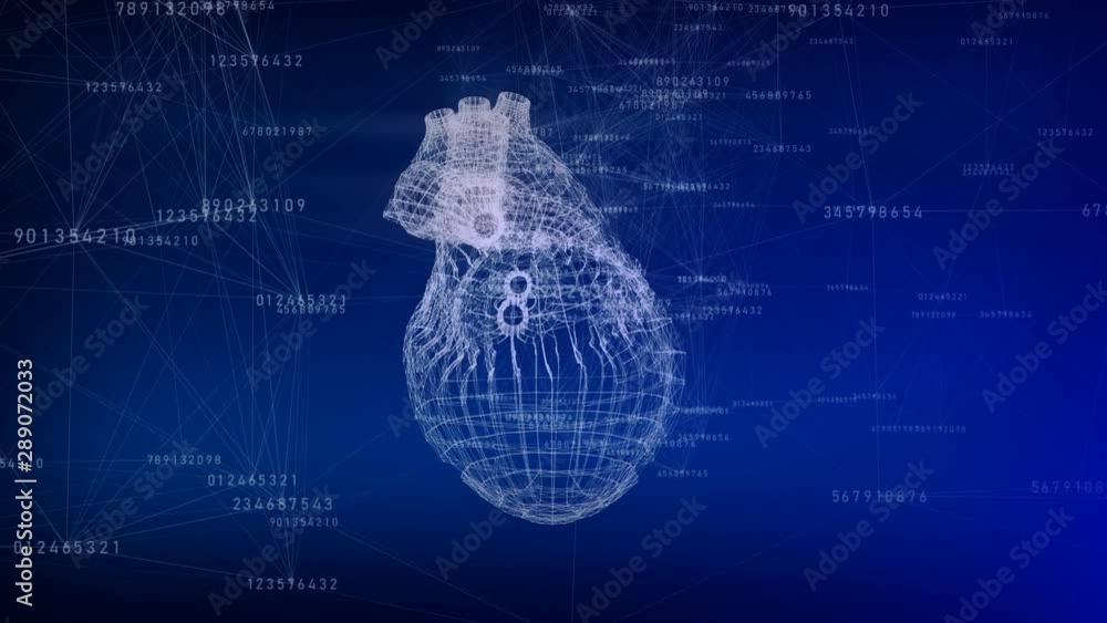 Poster 3d rendering of a human heart which consists of points and lines. modern computer technology concept