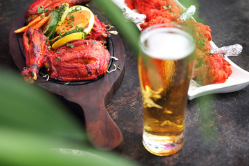 Indian beer. Traditional Indian beer and traditional oriental dishes. Indian restaurant