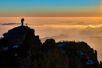 Aerial Landscape view from Ceahlău Mountains National Park at sunset in winter season,Sunset in Ceahlau Mountains