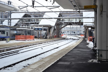 Naklejka premium View of the train station of Versailles chantiers, february 2018 8th. The presence of snow was very uncommon in this city.