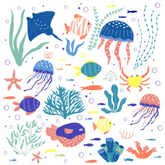Underwater creatures  fish, jellyfish, crab, clownfish, seaplants and corals, set with marine animals for fabric, textile, wallpaper, nursery decor, prints, childish background. Vector