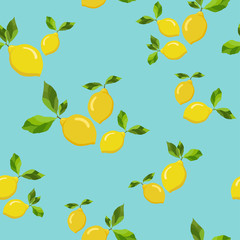 Cute seamless fresh pattern. Yellow lemons with leaves on bright blue background.