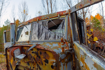 Abandoned truck left outside at Chernobyl Fire station