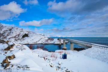 Djupfjord Bridge Djupfjordbrua in winter. Lofoten islands, Norway