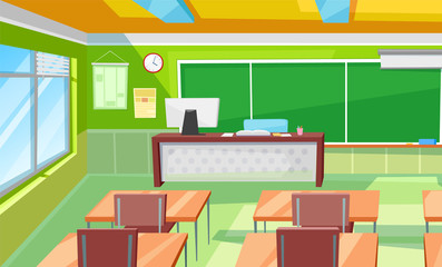 Blackboard in classroom vector, desk and chairs in room flat style interior. Workplace of students and pupils, table with computer and books teachers. Back to school concept. Flat cartoon