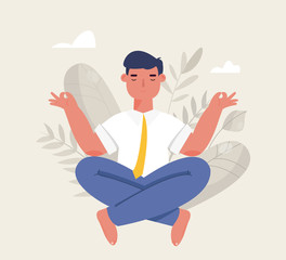 Businessman meditation in office. Man doing yoga. The concept of relaxing in lotus position. Calm at work, Stress relief. Vector illustration in cartoon style