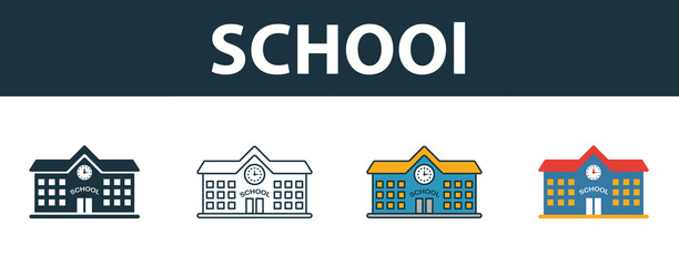 School icon set. Four elements in diferent styles from school icons collection. Creative school icons filled, outline, colored and flat symbols