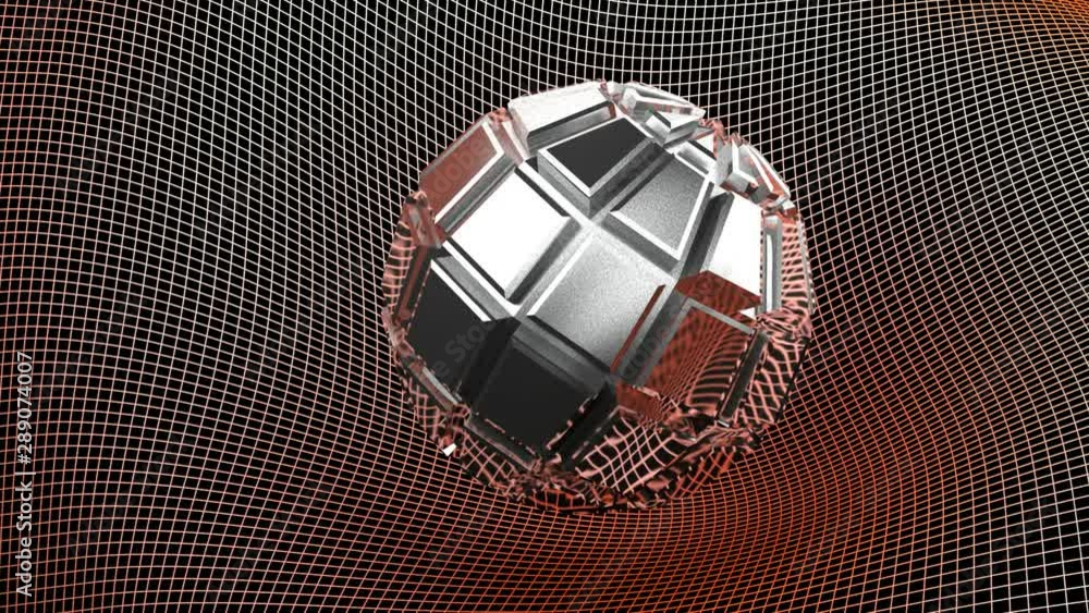 Poster a spherical embossed metallic chrome object is over a curved, deformed red wireframed surface - 3d r