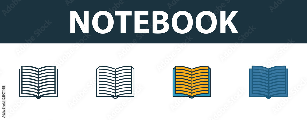 Poster notebook icon set. four elements in diferent styles from school icons collection. creative notebook 