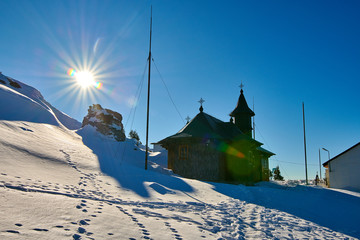 A little beautiful church in Ceahlau mountains, Landscape view from Ceahlău Mountains National Park in winter season