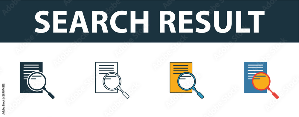 Poster search result icon set. four elements in diferent styles from seo icons collection. creative search 