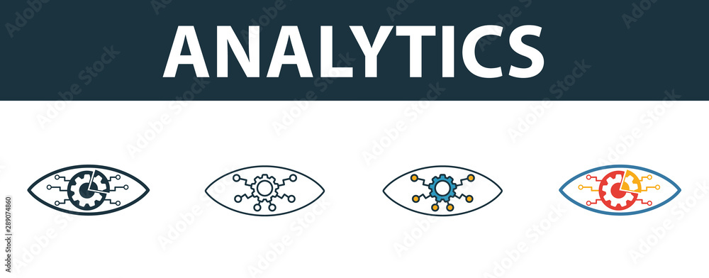 Poster analytics icon set. four elements in diferent styles from seo icons collection. creative analytics i