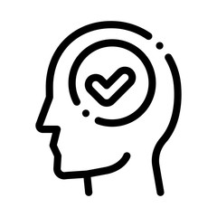 Approved Mark In Man Silhouette Mind Vector Icon Thin Line. Gear And Brain, Heart And Shield, Padlock And Coin Concept Linear Pictogram. Black And White Template Contour Illustration
