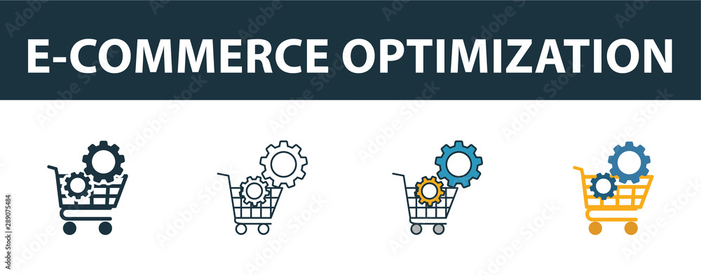 Poster e-commerce optimization icon set. four elements in diferent styles from seo icons collection. creati