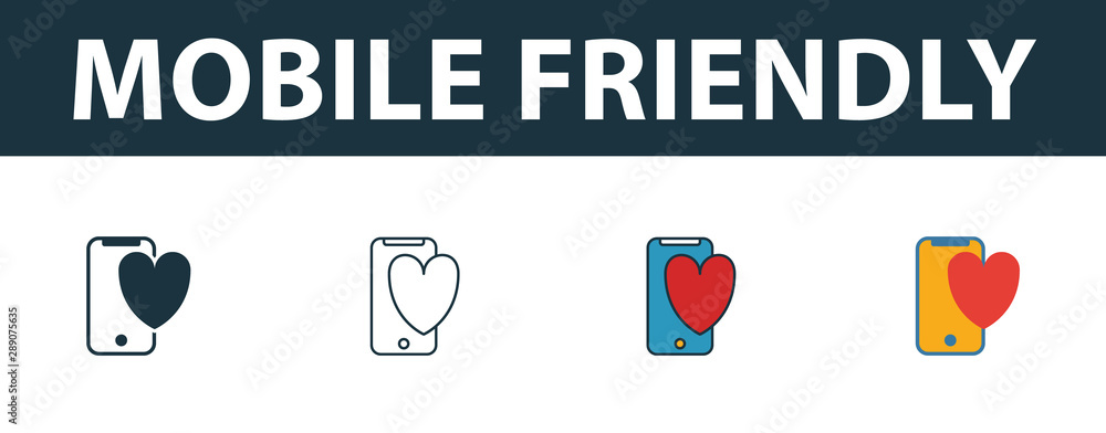 Poster mobile optimization icon set. four elements in diferent styles from seo icons collection. creative m